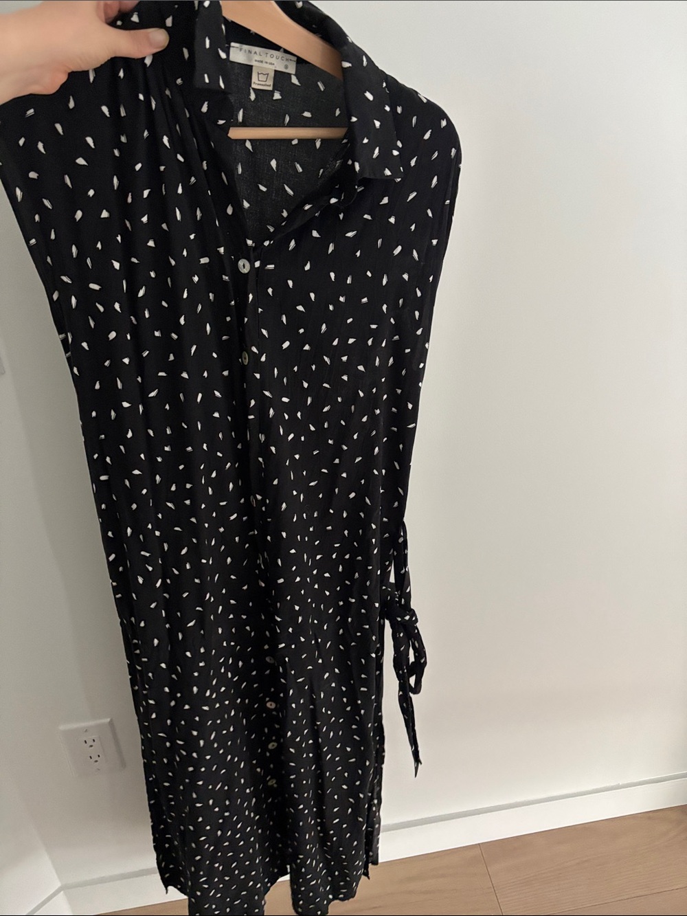 Sleeveless Black Dress with White Dot Print and tie waist
